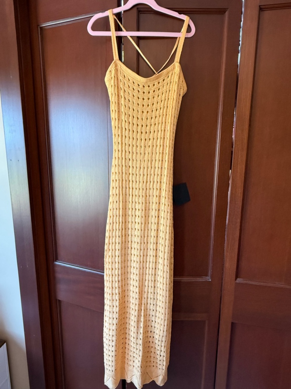 Lulu's Mustard Yellow Crochet Maxi Dress with Thin Straps